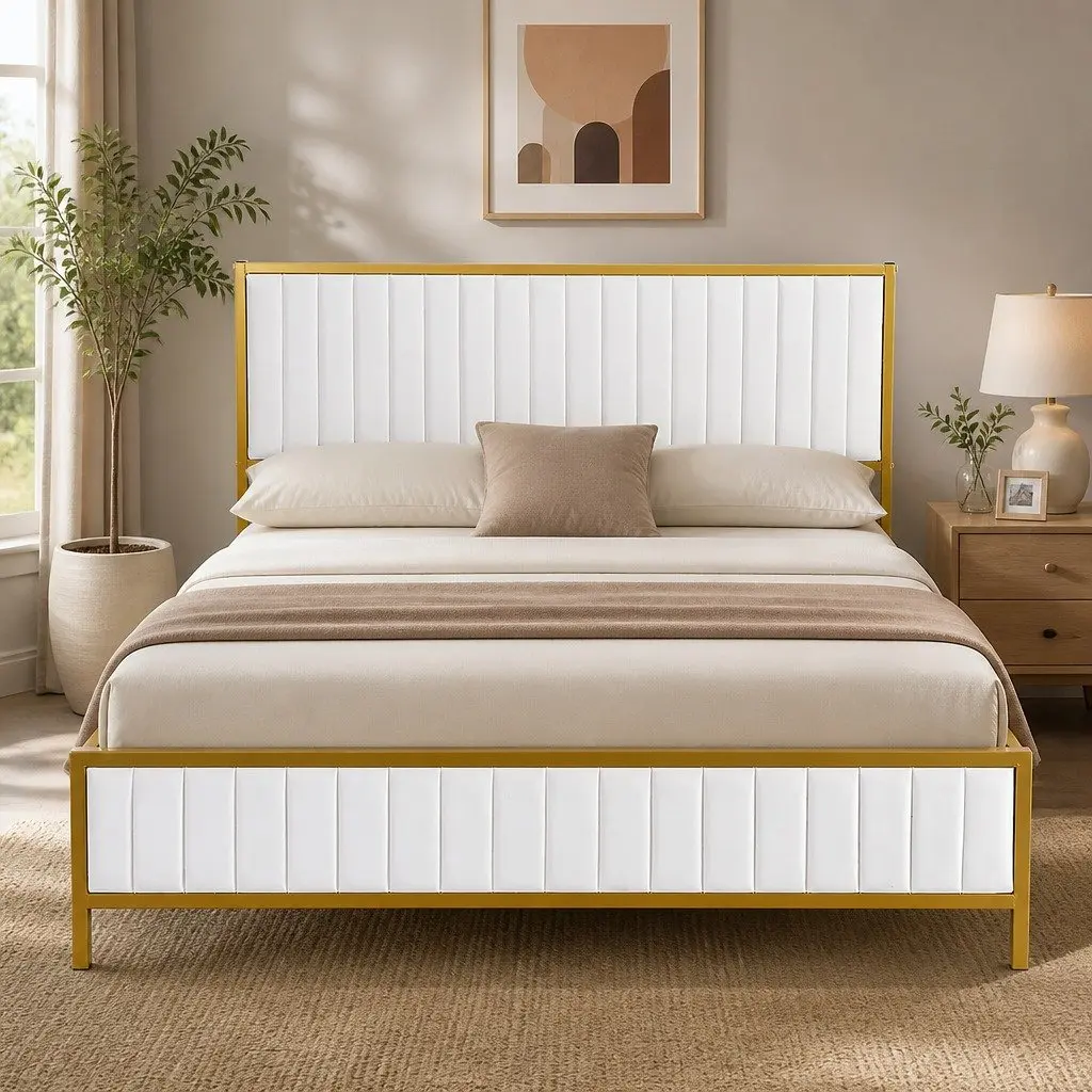 Queen Bed Frame Beige Padded Headboard Metal Legs Under Bed Storage