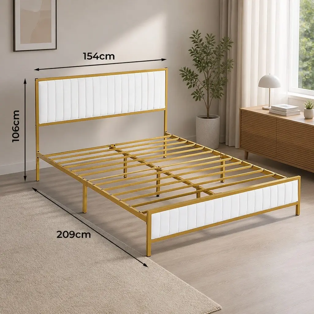 Queen Bed Frame Beige Padded Headboard Metal Legs Under Bed Storage