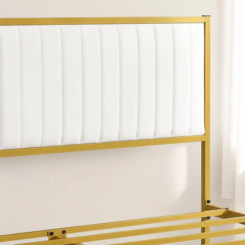 Queen Bed Frame Beige Padded Headboard Metal Legs Under Bed Storage