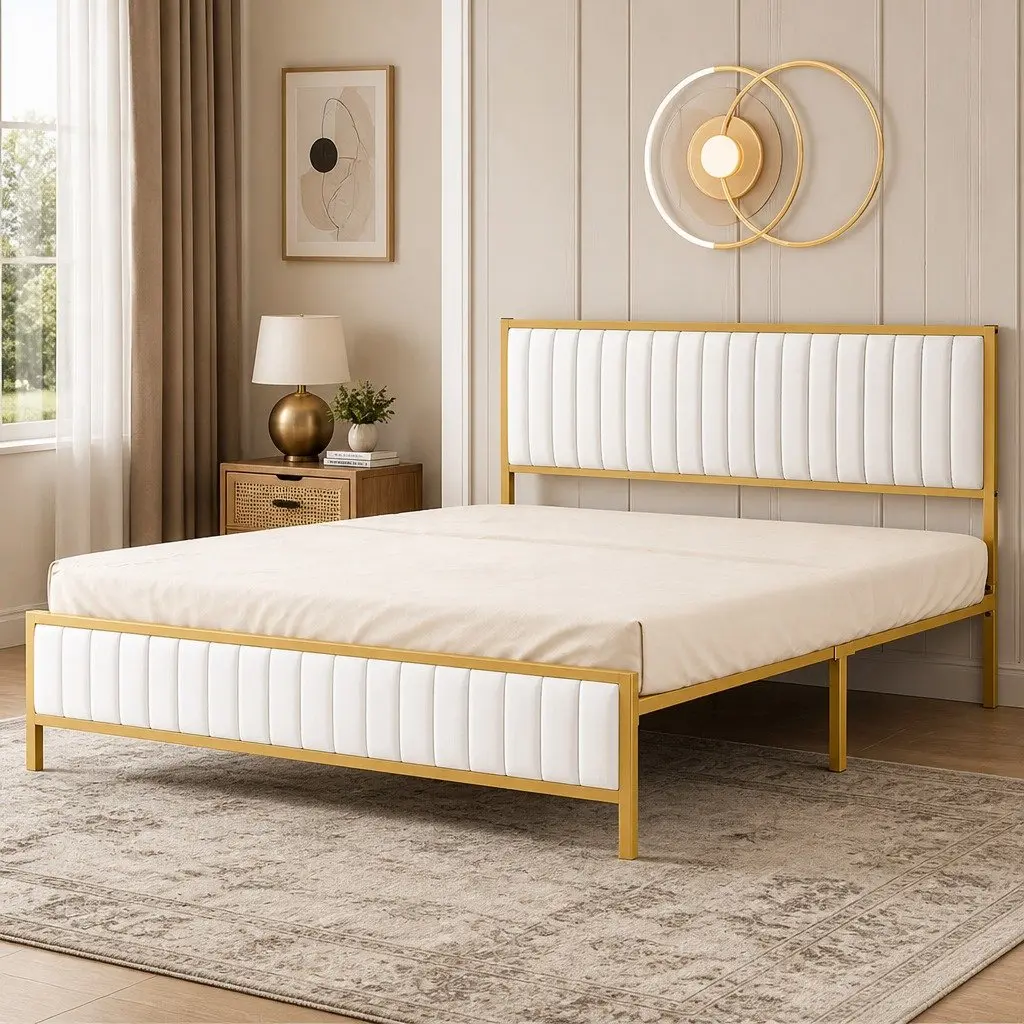 Queen Bed Frame Beige Padded Headboard Metal Legs Under Bed Storage