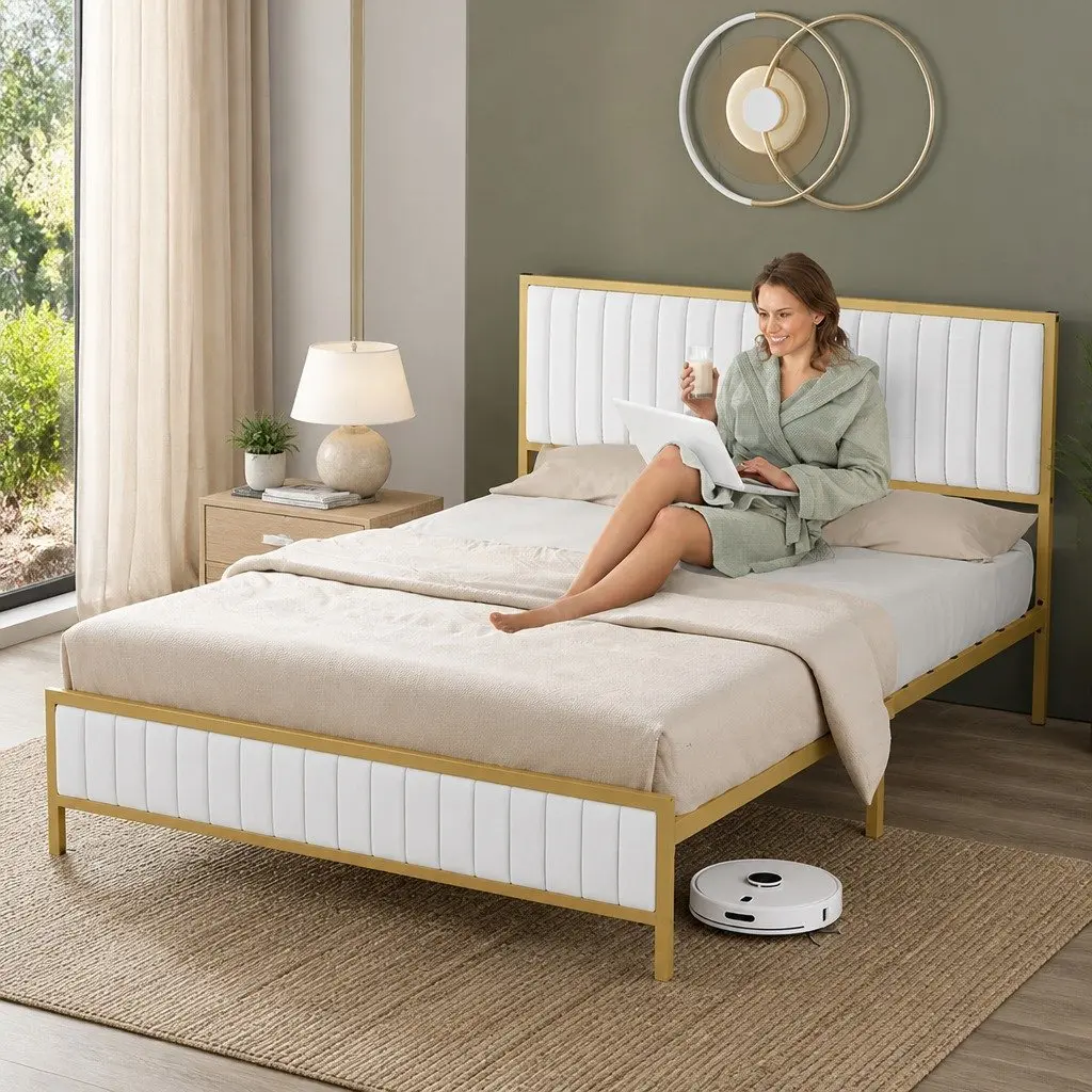 Queen Bed Frame Beige Padded Headboard Metal Legs Under Bed Storage