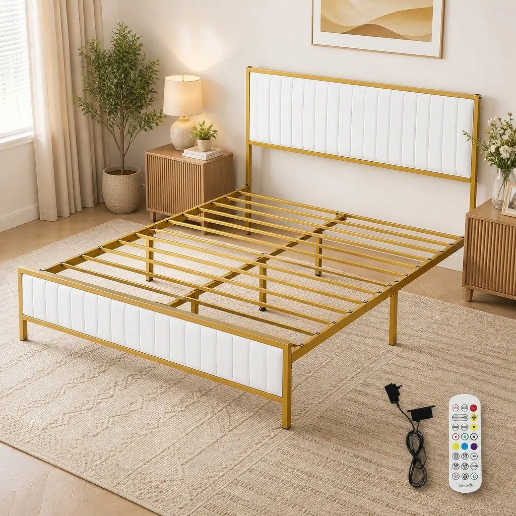 Queen Bed Frame Beige Padded Headboard Metal Legs Under Bed Storage