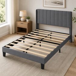 Upholstered Double Bed Frame with Grey Headboard