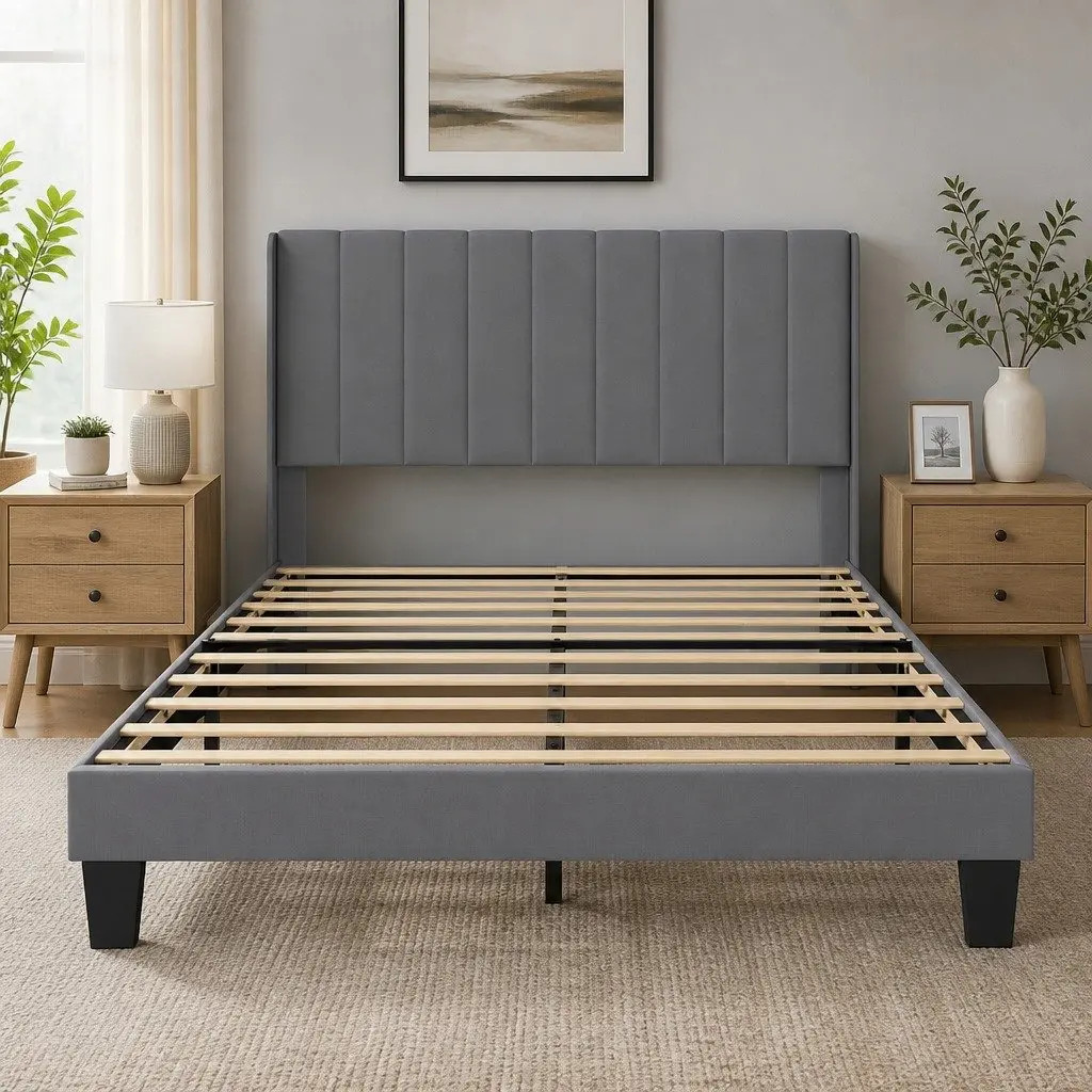 Upholstered Double Bed Frame with Grey Headboard