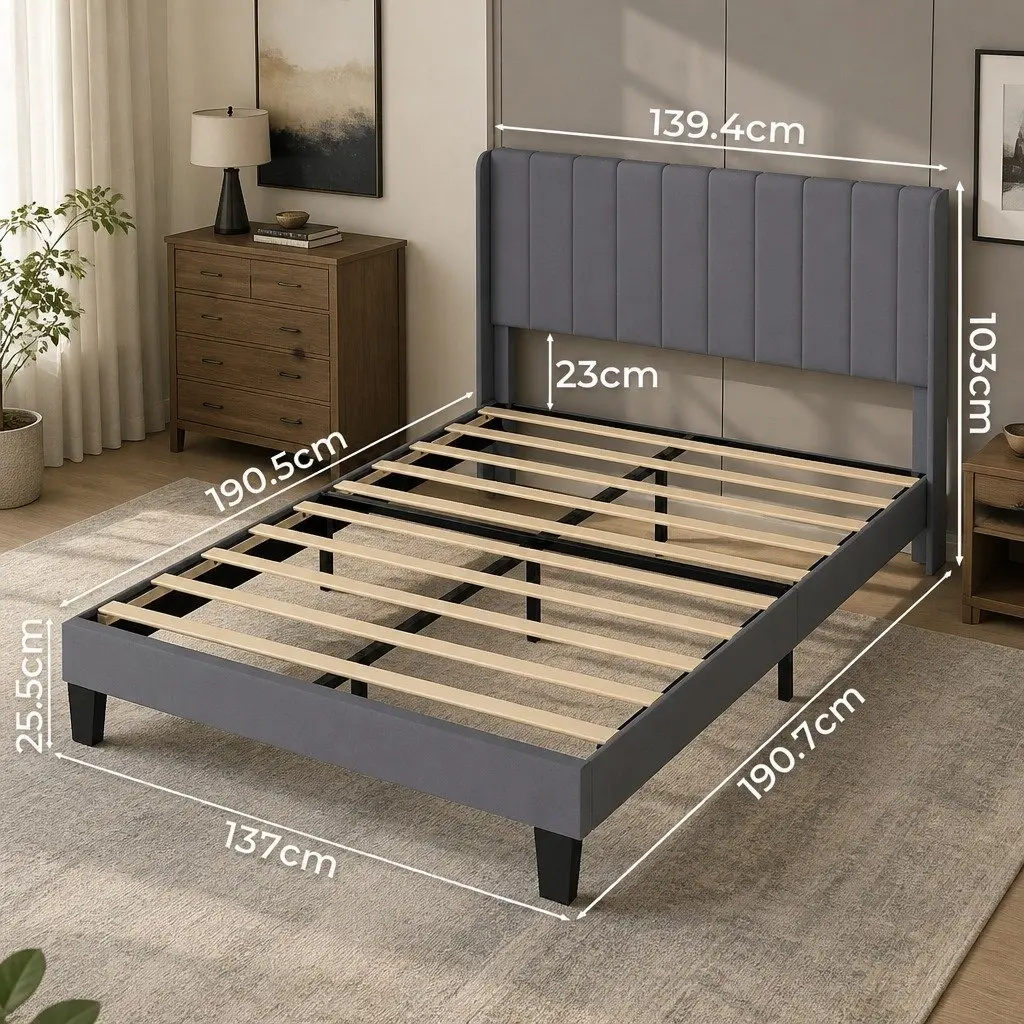 Upholstered Double Bed Frame with Grey Headboard