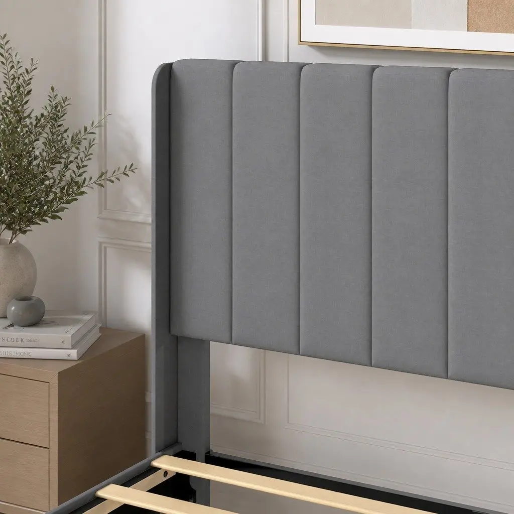 Upholstered Double Bed Frame with Grey Headboard
