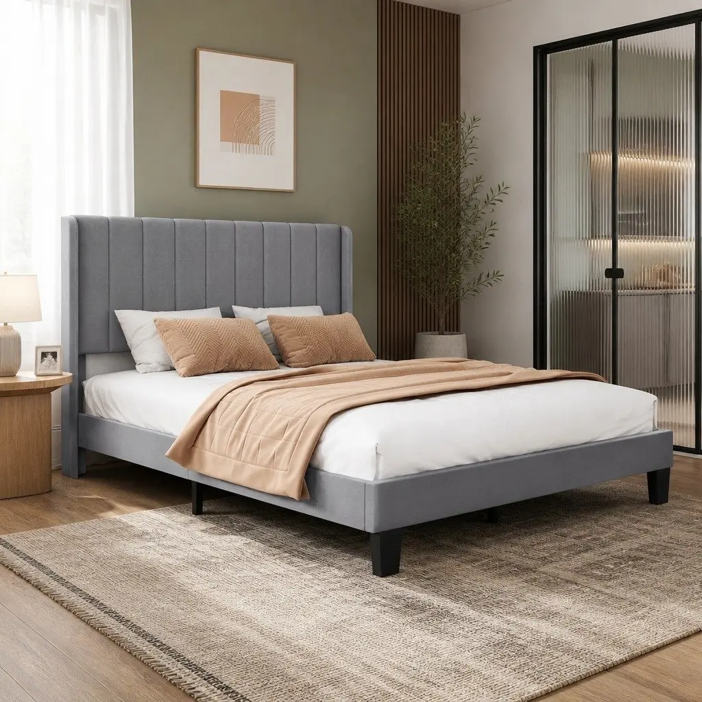 Upholstered Double Bed Frame with Grey Headboard