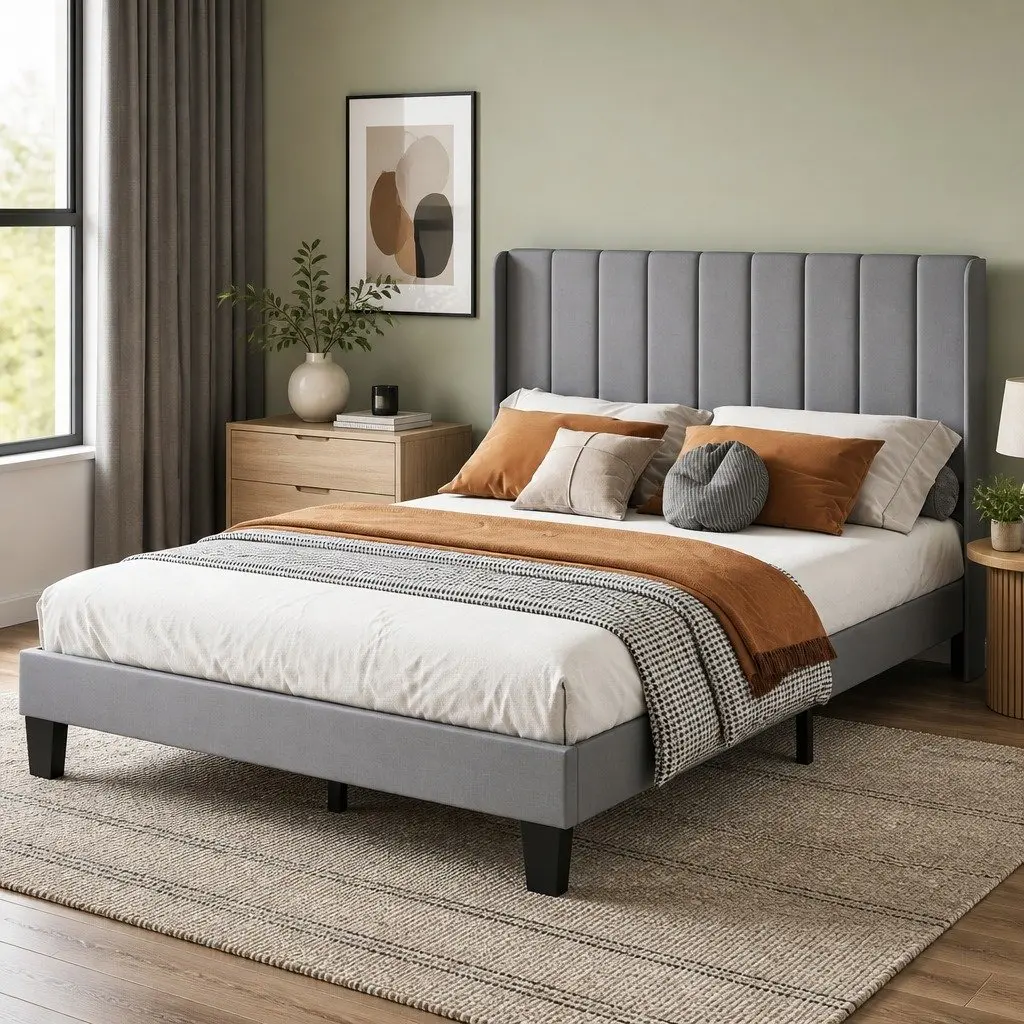 Upholstered Double Bed Frame with Grey Headboard
