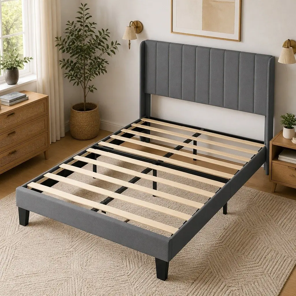 Upholstered Double Bed Frame with Grey Headboard
