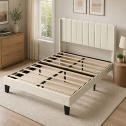 Queen Bed Frame Upholstered Panel Headboard Metal Wooden Slats Platform Beige