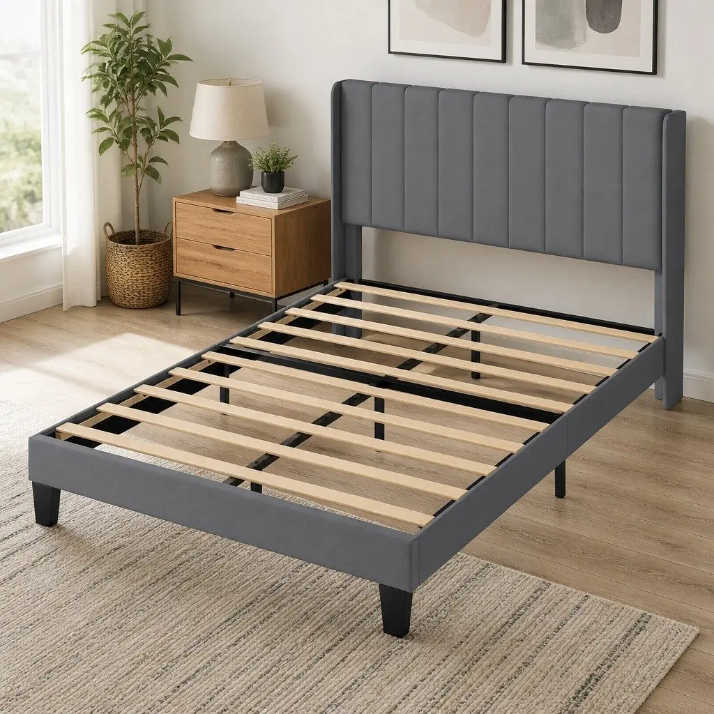 Upholstered Grey Queen Bed Frame with Modern Headboard