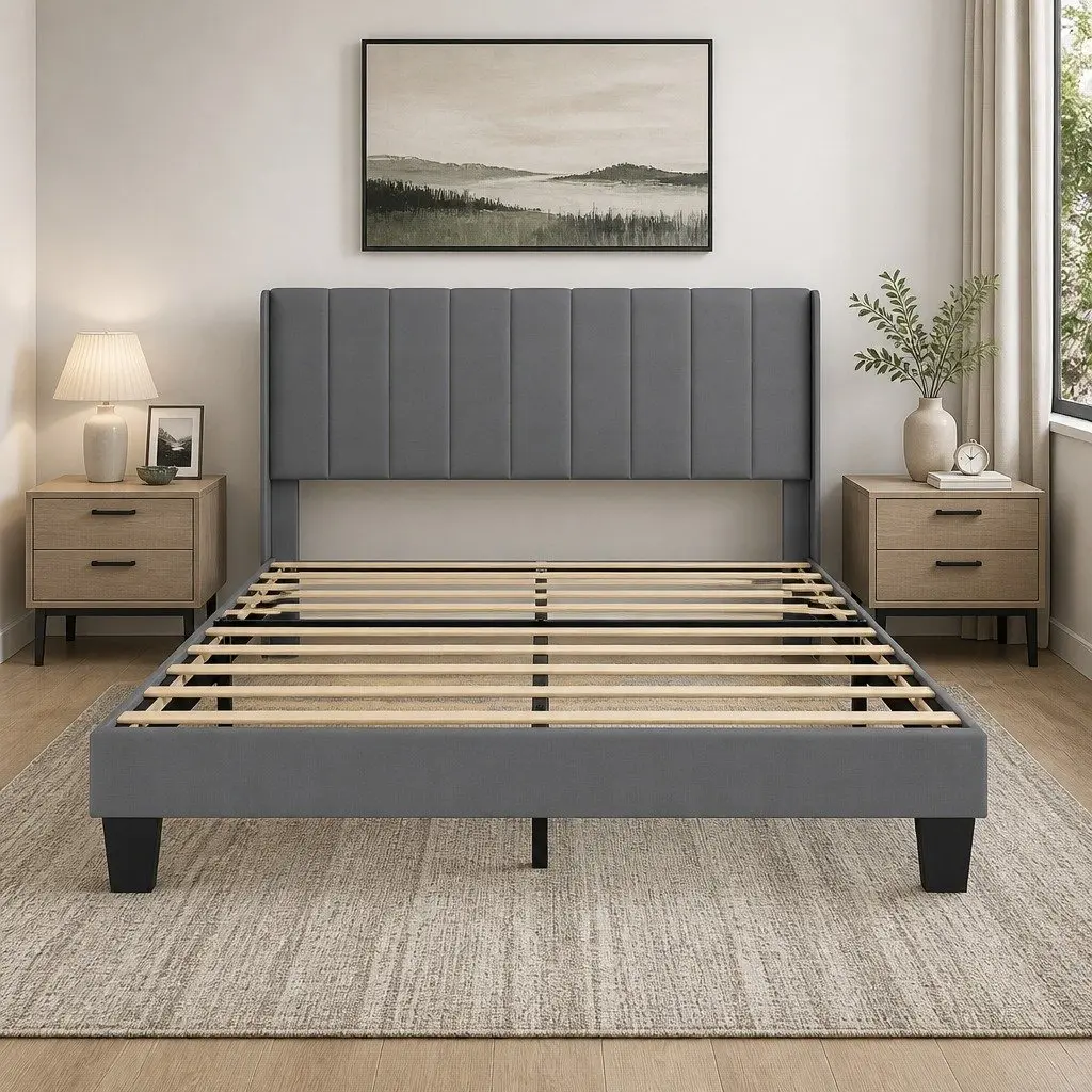 Upholstered Grey Queen Bed Frame with Modern Headboard