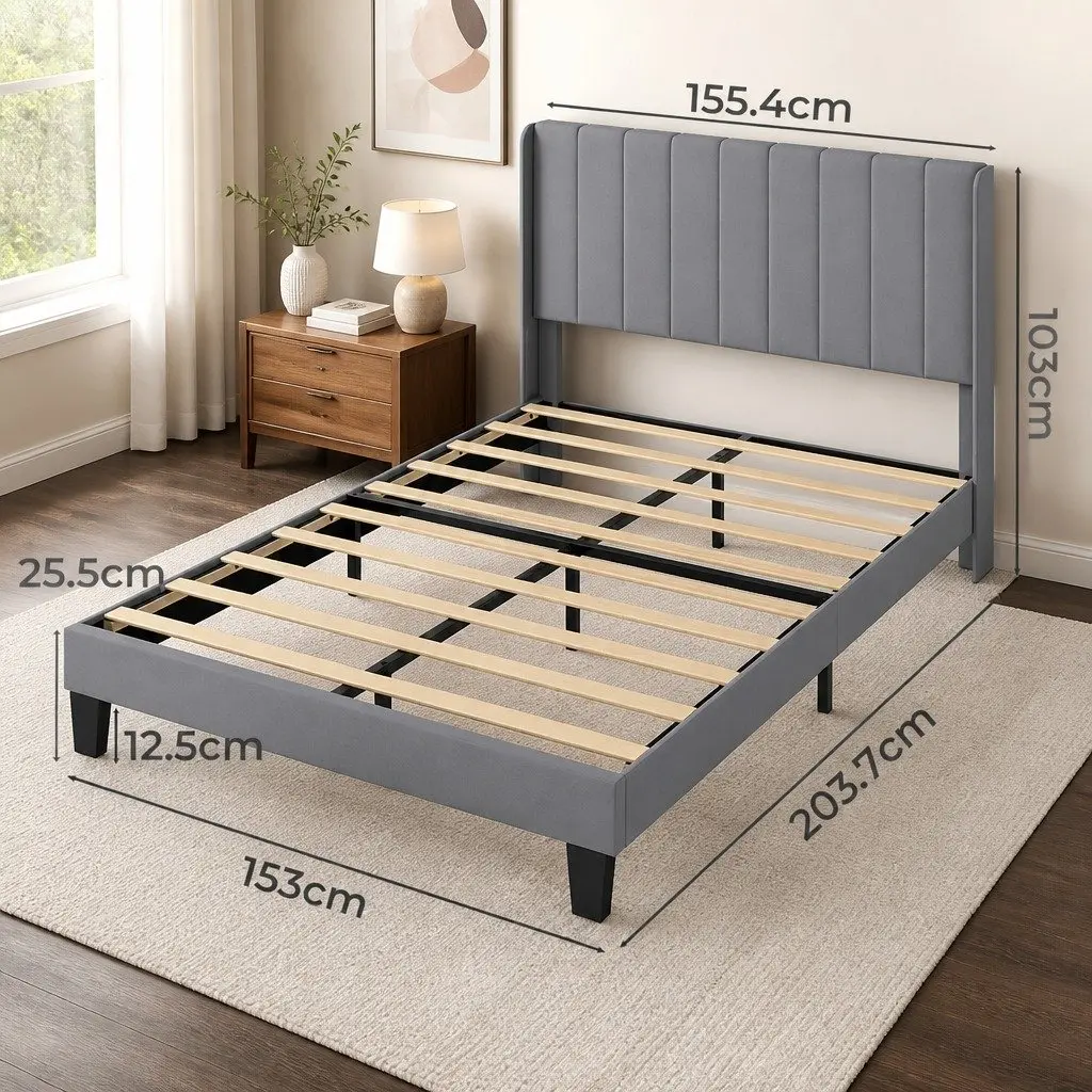 Upholstered Grey Queen Bed Frame with Modern Headboard
