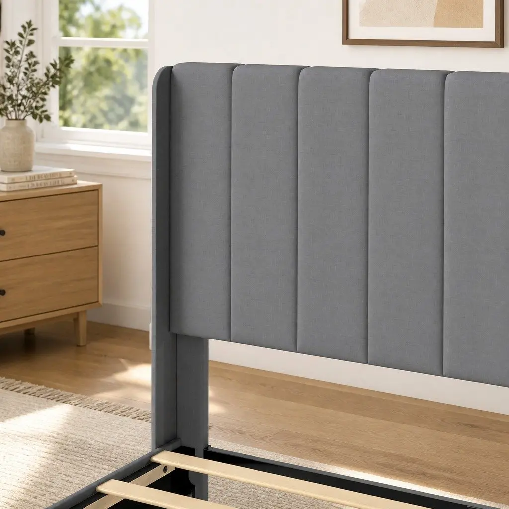Upholstered Grey Queen Bed Frame with Modern Headboard