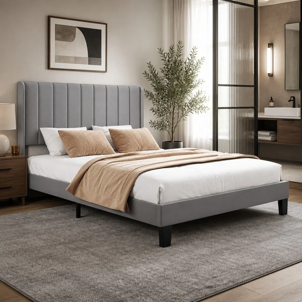 Upholstered Grey Queen Bed Frame with Modern Headboard