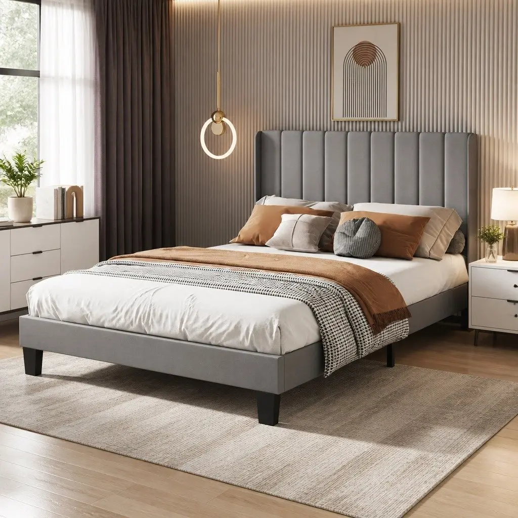Upholstered Grey Queen Bed Frame with Modern Headboard