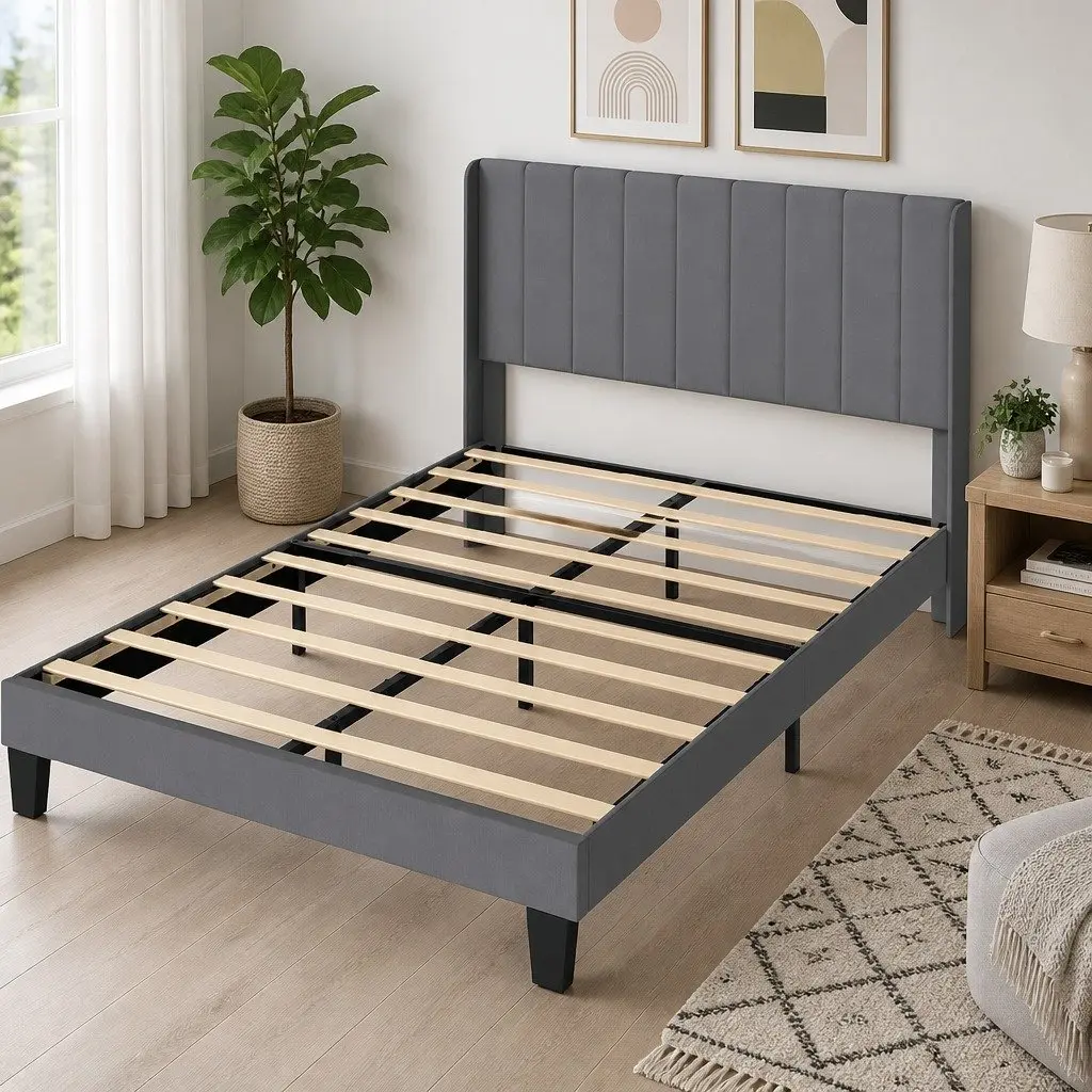 Upholstered Grey Queen Bed Frame with Modern Headboard
