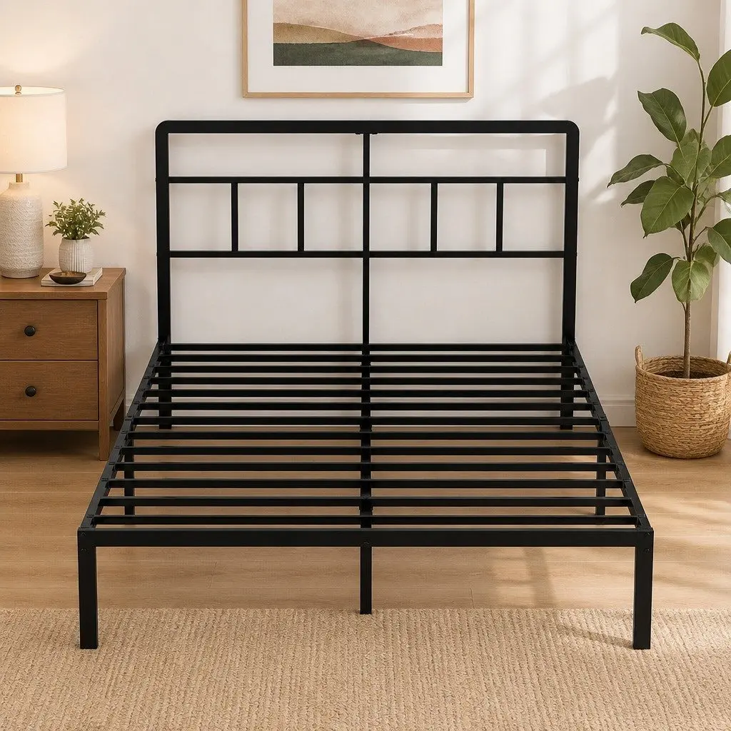 Double Metal Bed Frame with Storage Headboard