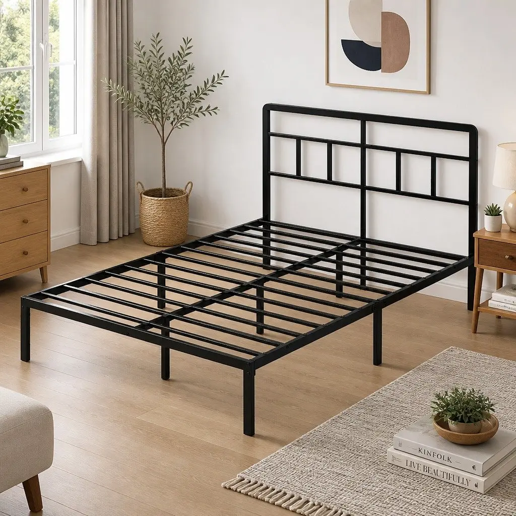 Double Metal Bed Frame with Storage Headboard