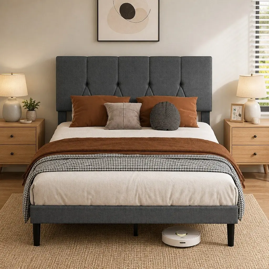 Double Upholstered Platform Bed Frame