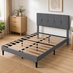 Modern Grey Upholstered Queen Bed Frame with Storage