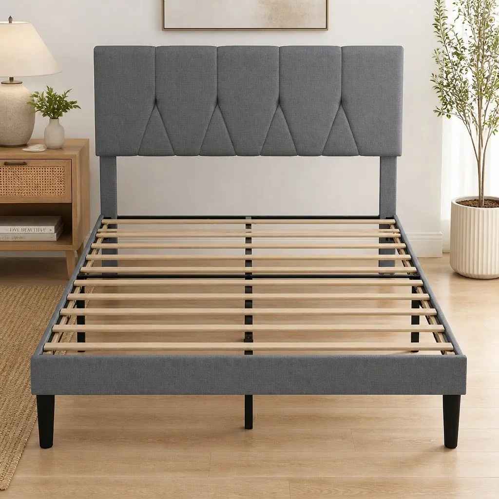 Grey Upholstered Queen Bed Frame with Storage