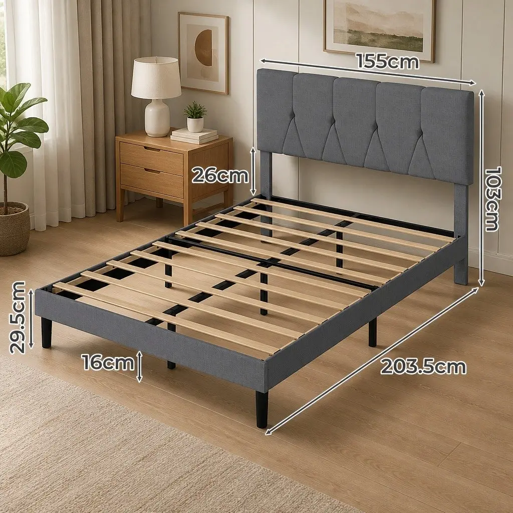 Grey Upholstered Queen Bed Frame with Storage
