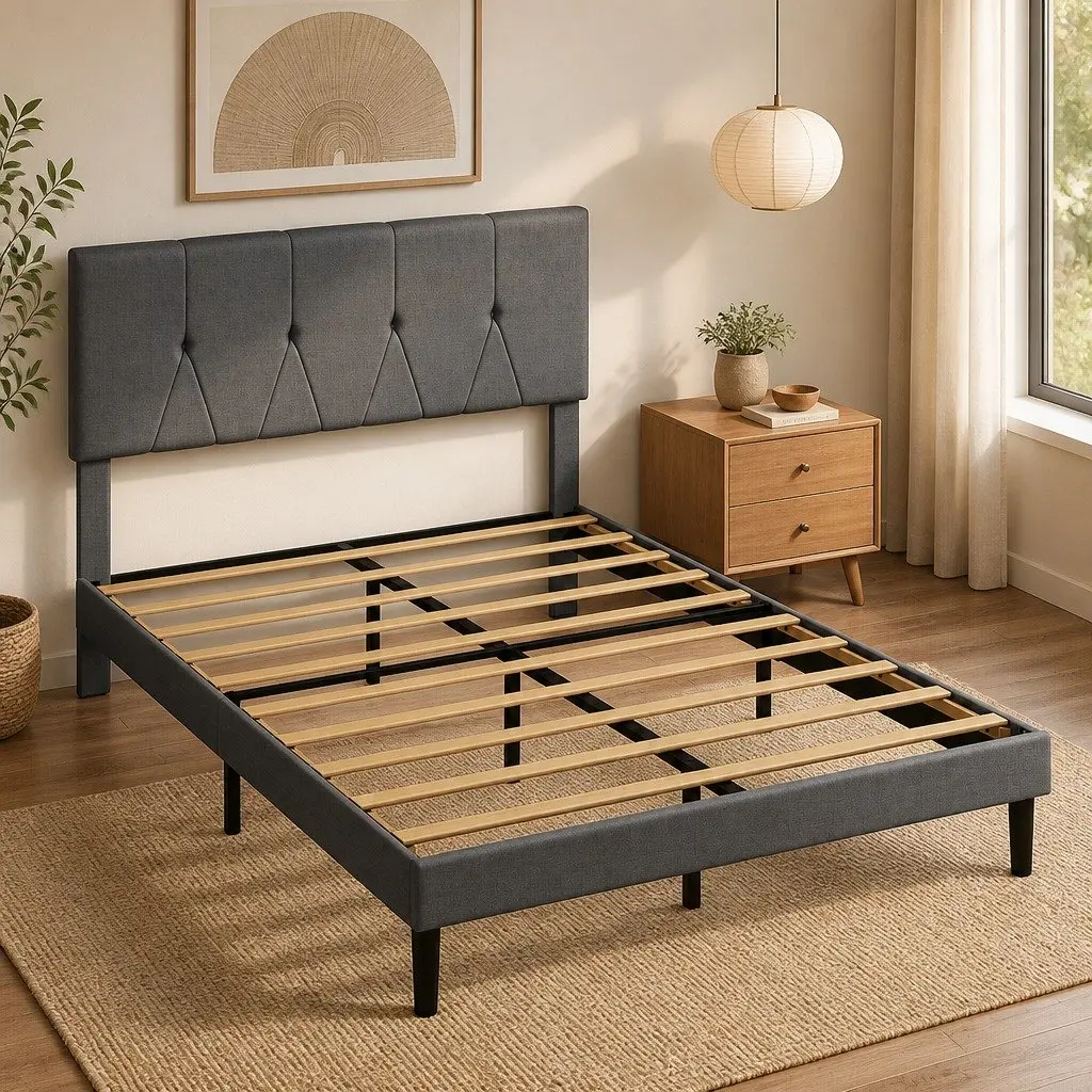 Grey Upholstered Queen Bed Frame with Storage