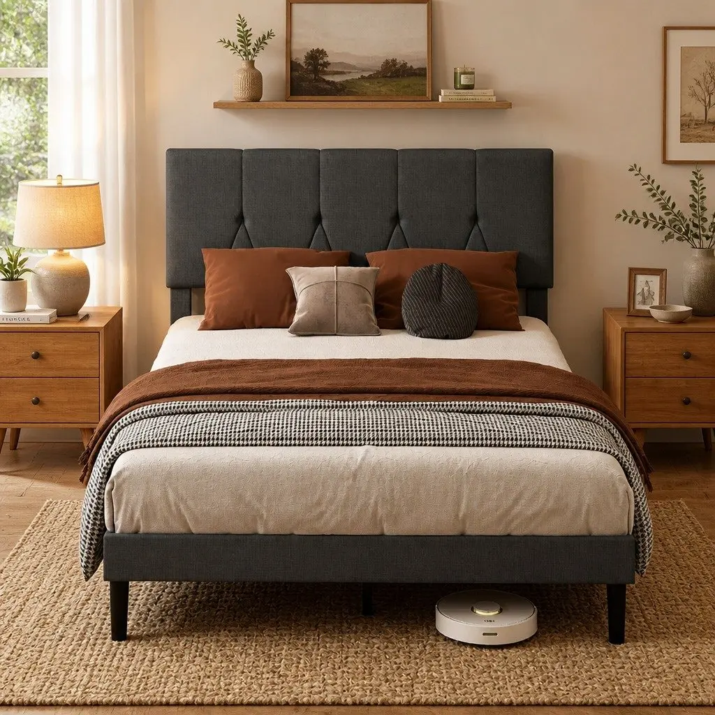 Grey Upholstered Queen Bed Frame with Storage