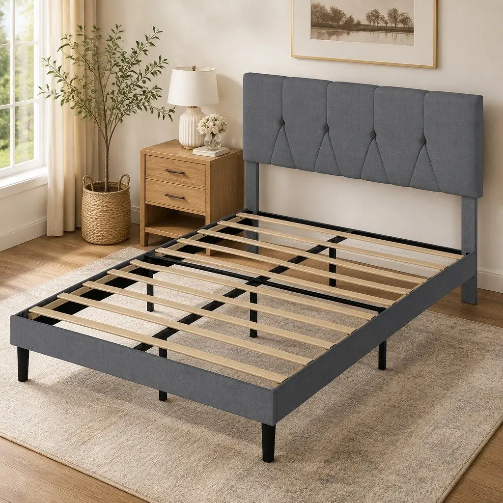 Grey Upholstered Queen Bed Frame with Storage