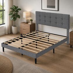 Double Grey Upholstered Platform Bed Frame with Storage