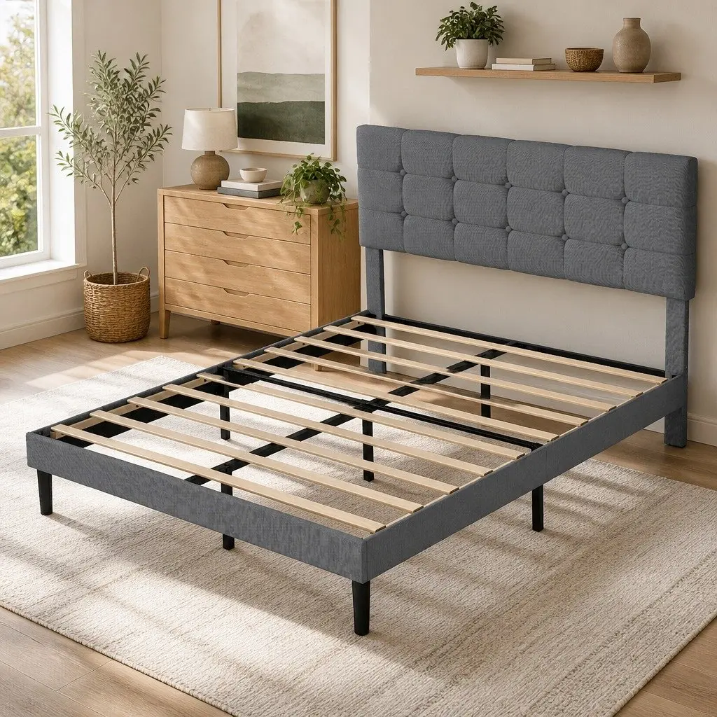 Grey Upholstered Queen Size Platform Bed Frame with Storage