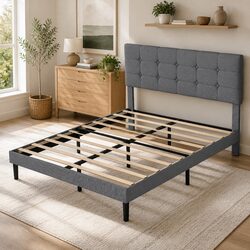 Grey Upholstered Queen Size Platform Bed Frame with Storage