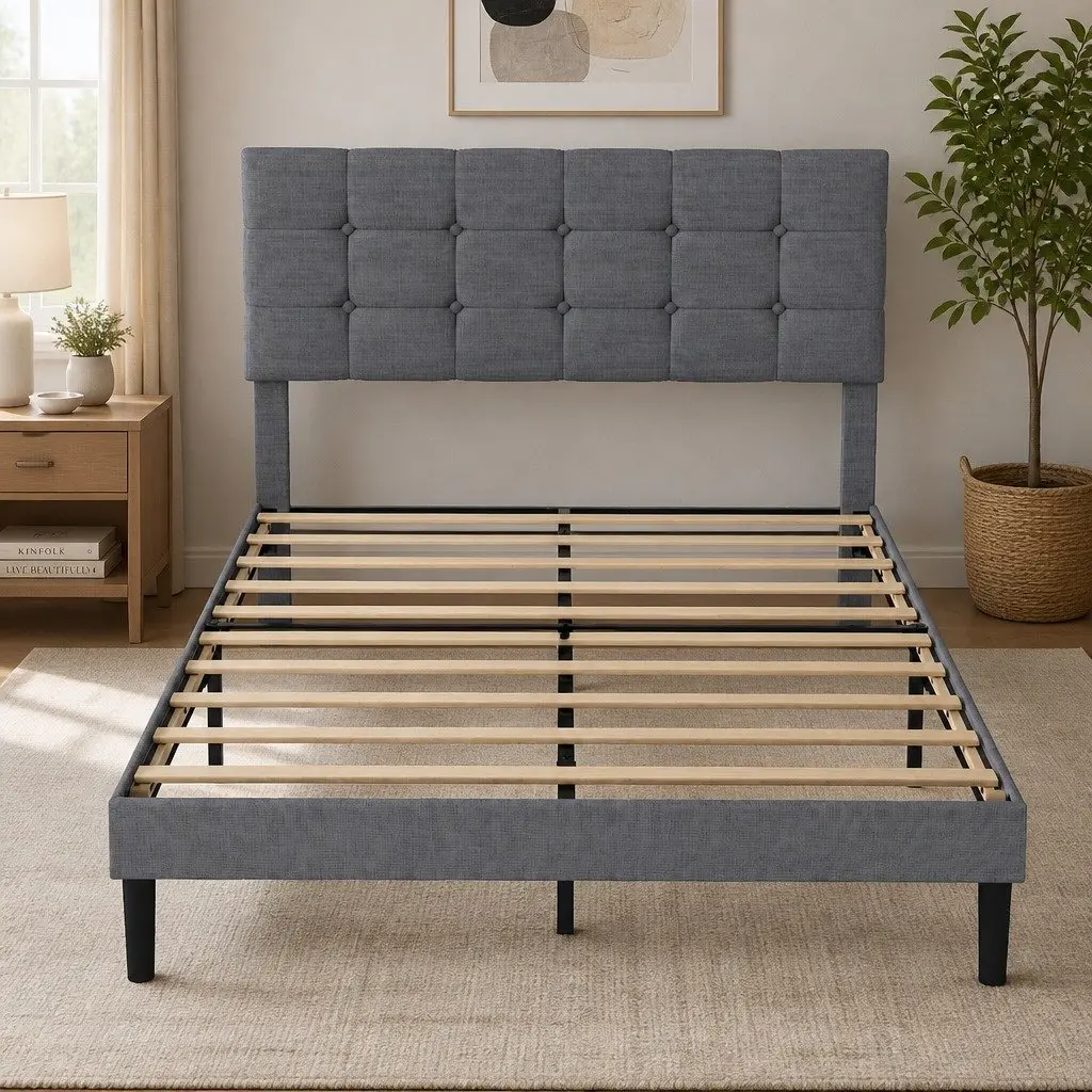 Grey Upholstered Queen Size Platform Bed Frame with Storage