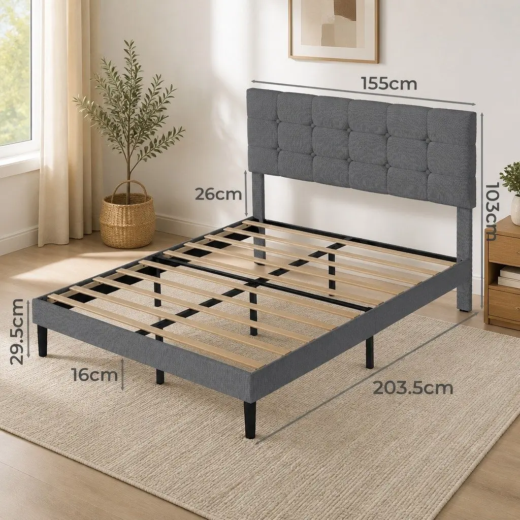 Grey Upholstered Queen Size Platform Bed Frame with Storage