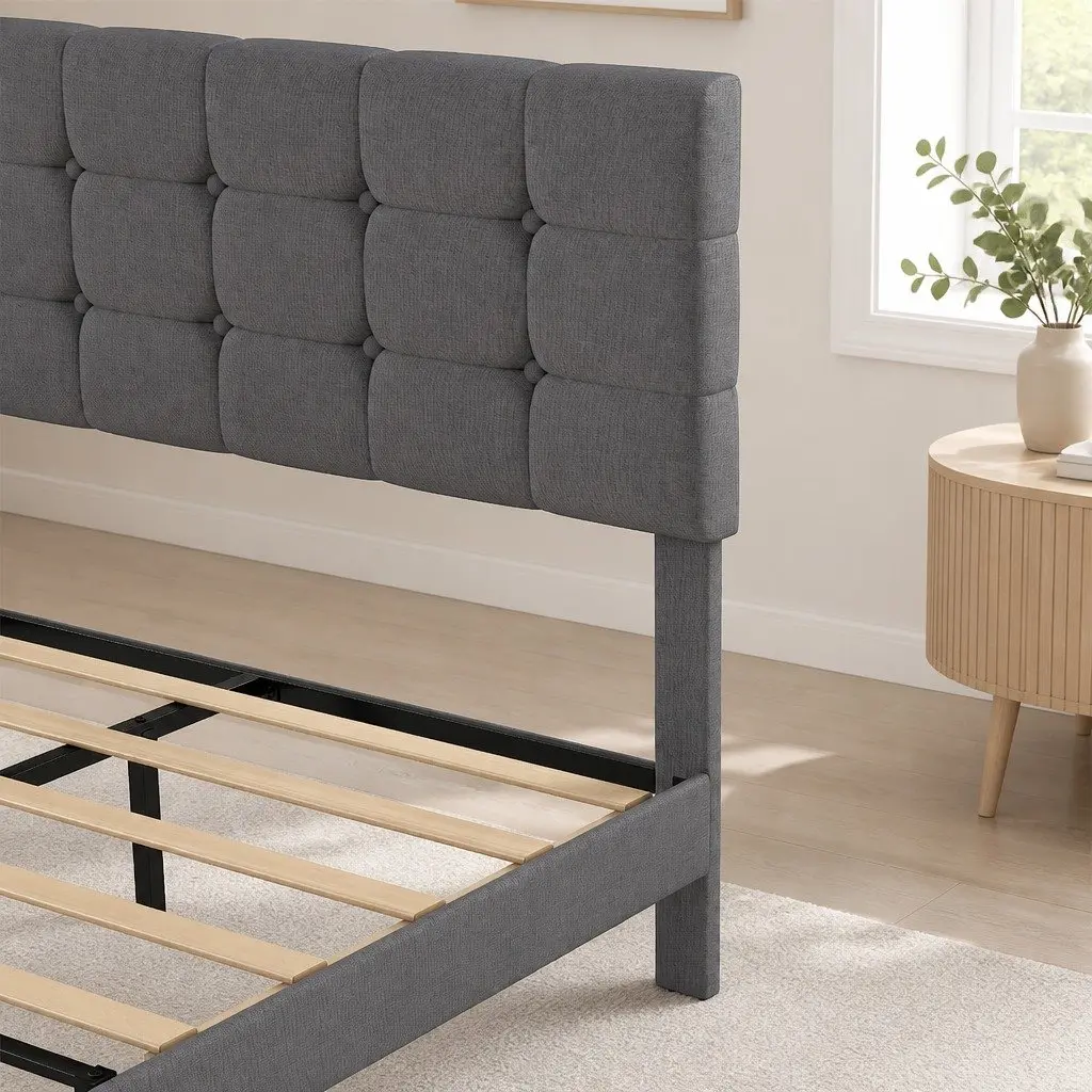 Grey Upholstered Queen Size Platform Bed Frame with Storage