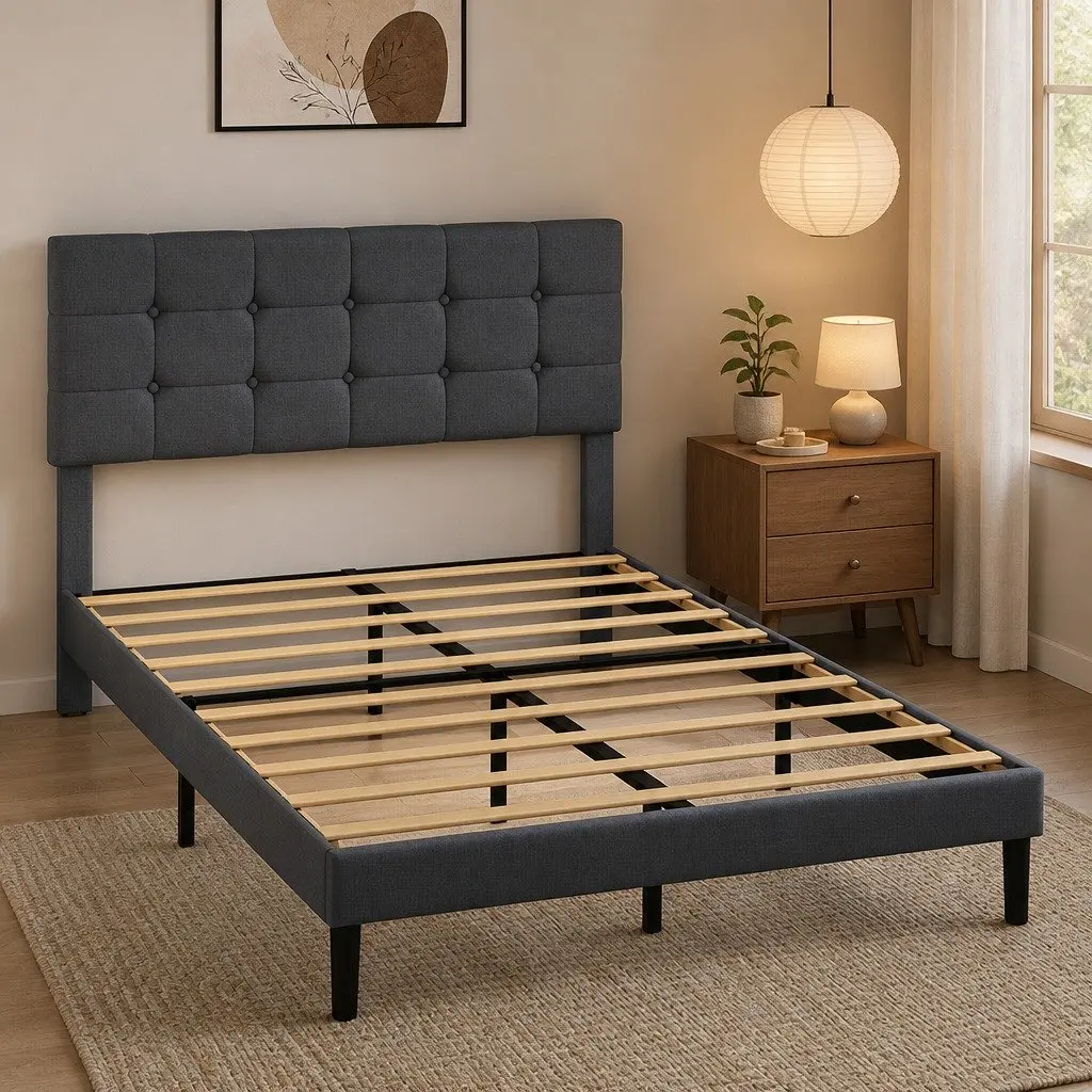 Grey Upholstered Queen Size Platform Bed Frame with Storage