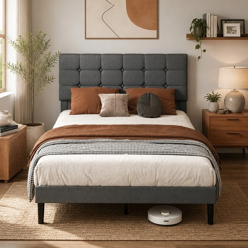 Grey Upholstered Queen Size Platform Bed Frame with Storage
