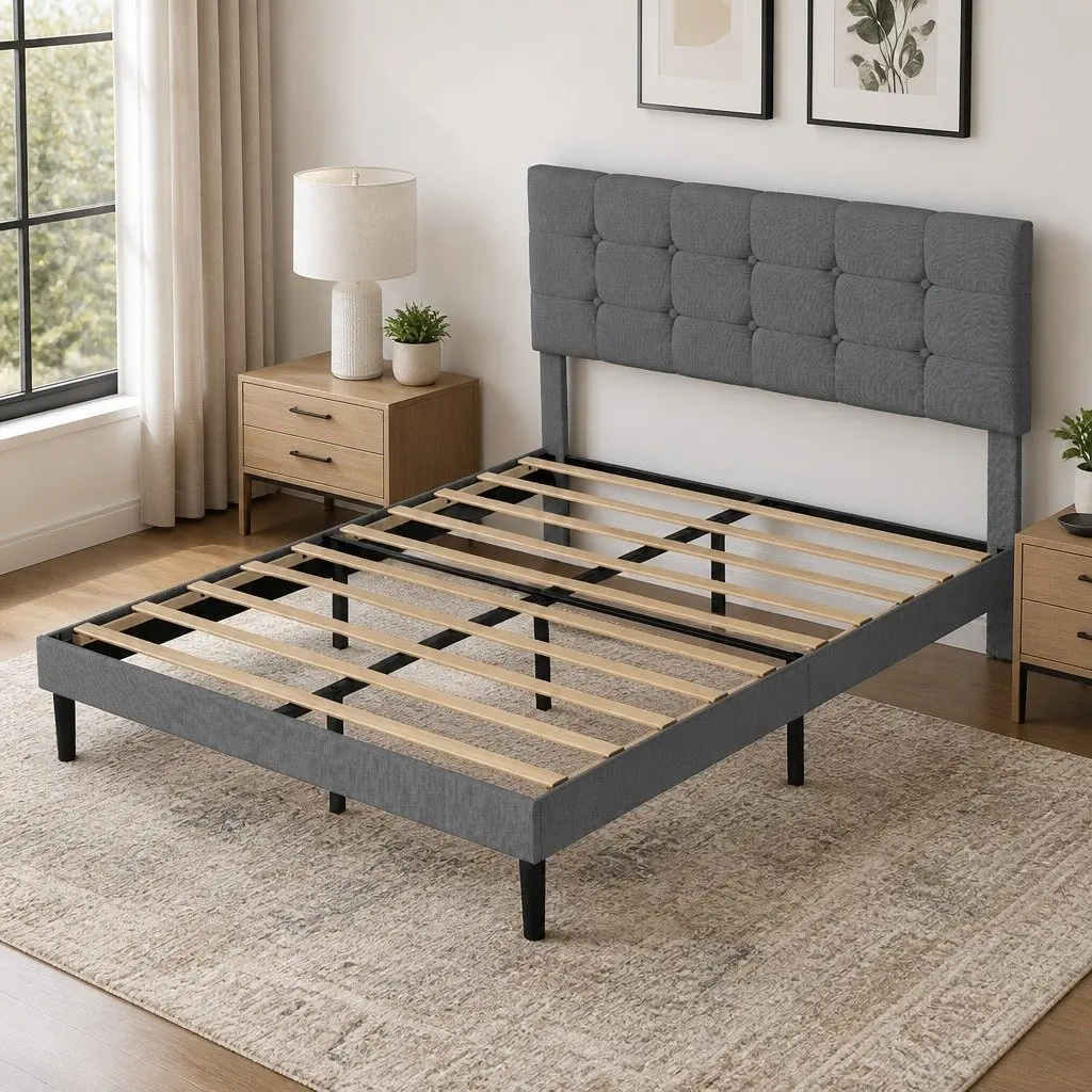 Grey Upholstered Queen Size Platform Bed Frame with Storage