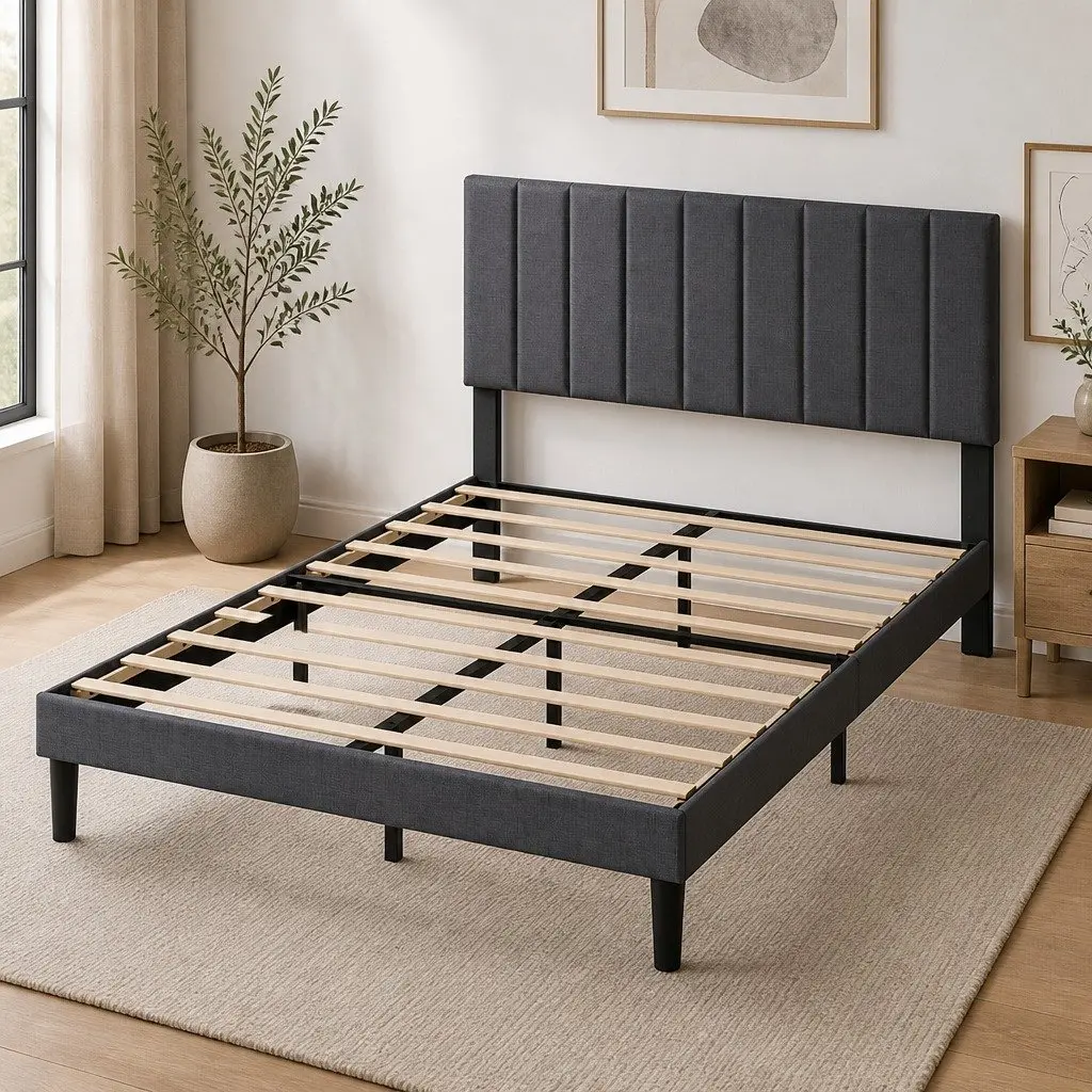 Dark Grey Queen Upholstered Platform Bed Frame with Storage