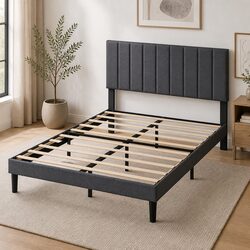 Dark Grey Queen Upholstered Platform Bed Frame with Storage