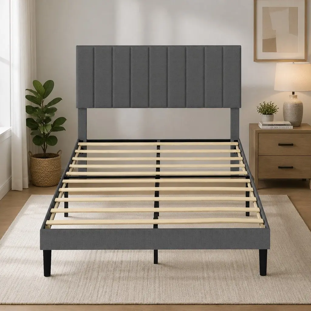 Dark Grey Queen Upholstered Platform Bed Frame with Storage