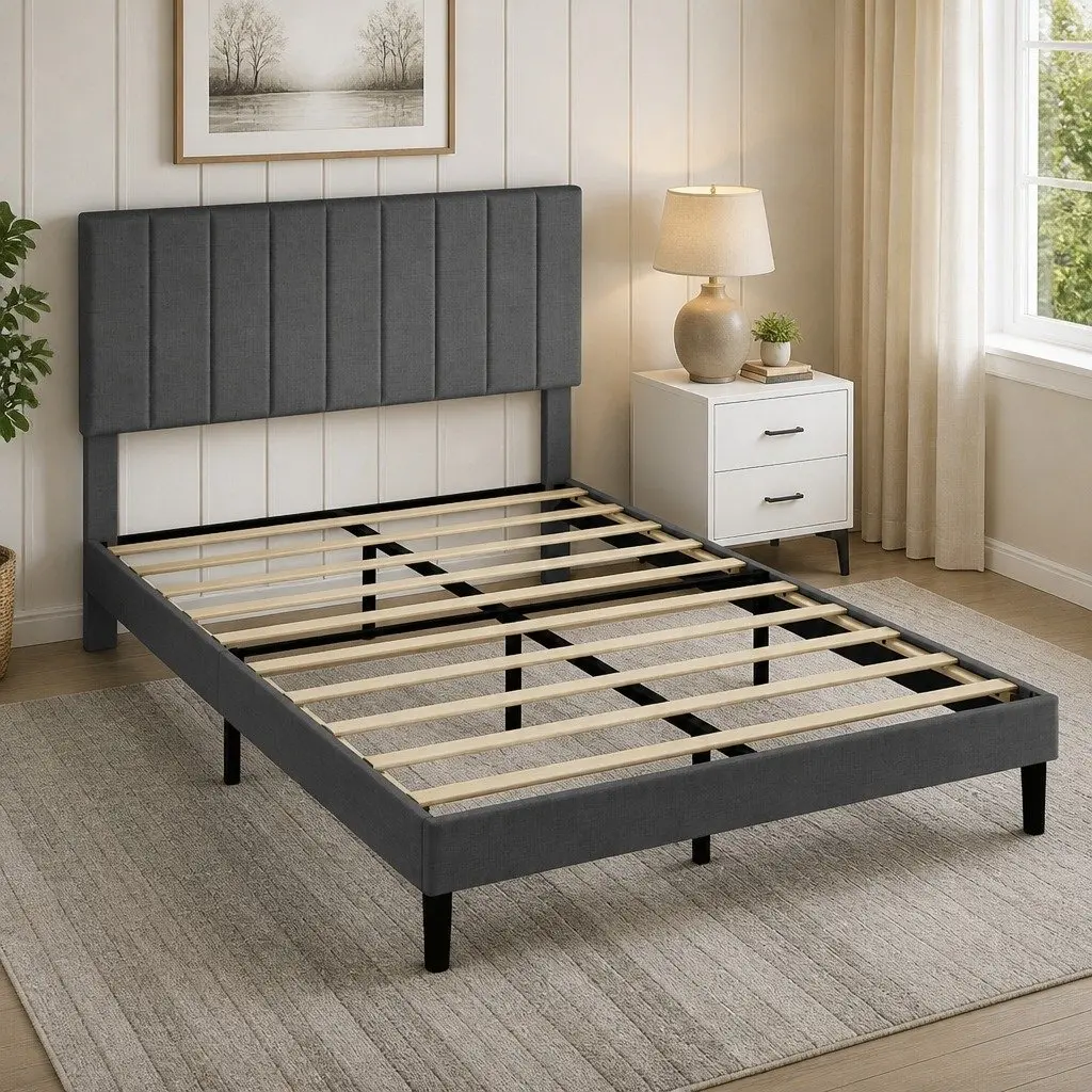 Dark Grey Queen Upholstered Platform Bed Frame with Storage