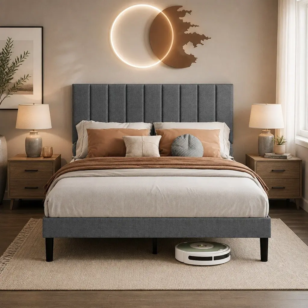 Dark Grey Queen Upholstered Platform Bed Frame with Storage