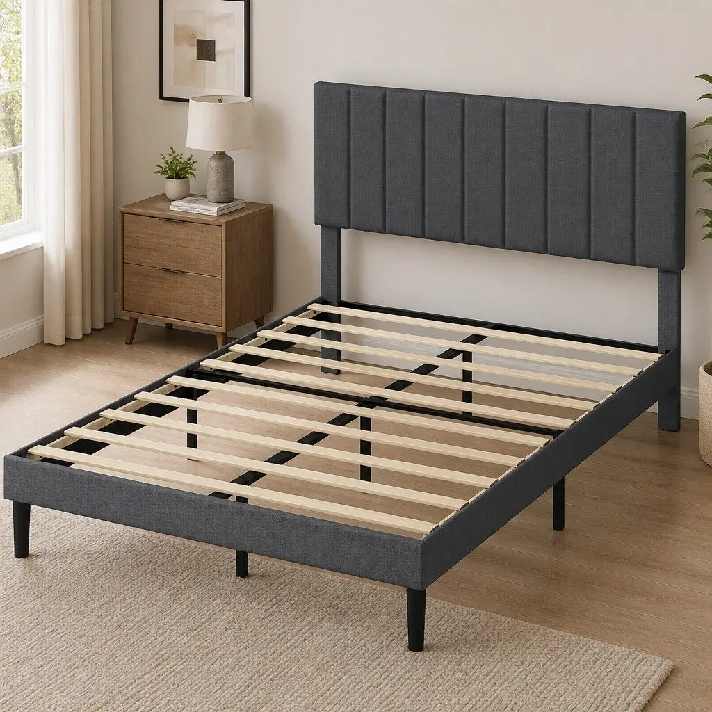 Dark Grey Queen Upholstered Platform Bed Frame with Storage