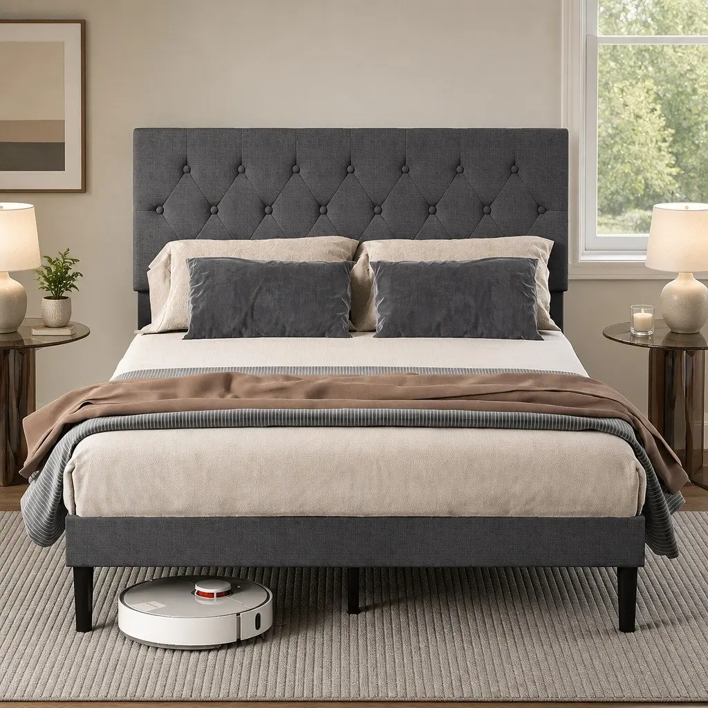 Upholstered Double Bed Frame with Storage