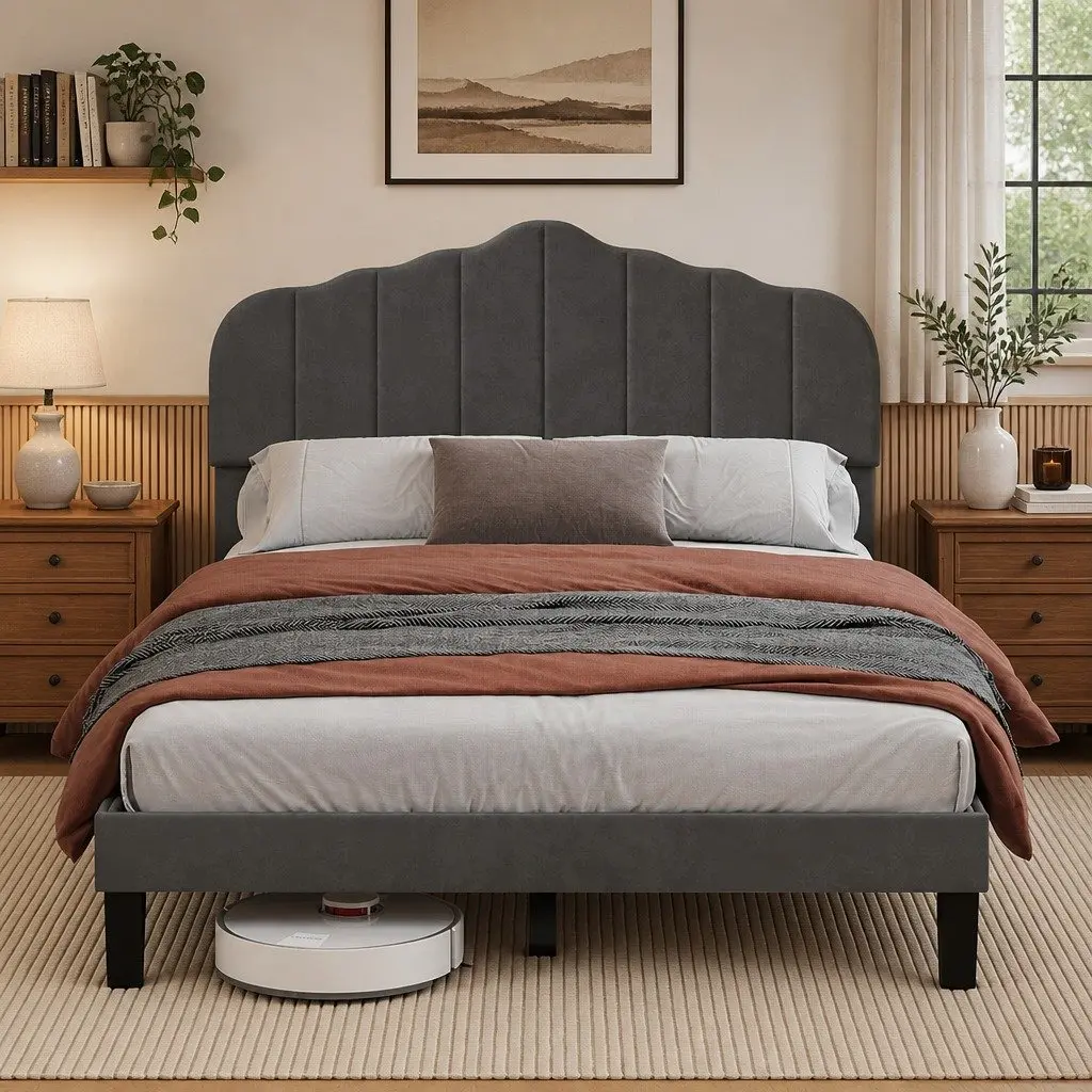 Double Upholstered Platform Bed Frame with Storage