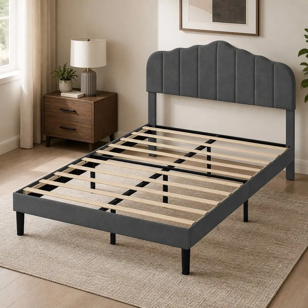 Dark Grey Upholstered Queen Size Bed Frame with Storage