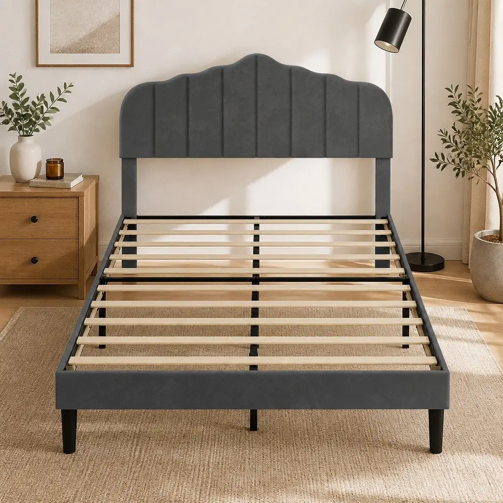 Dark Grey Upholstered Queen Size Bed Frame with Storage