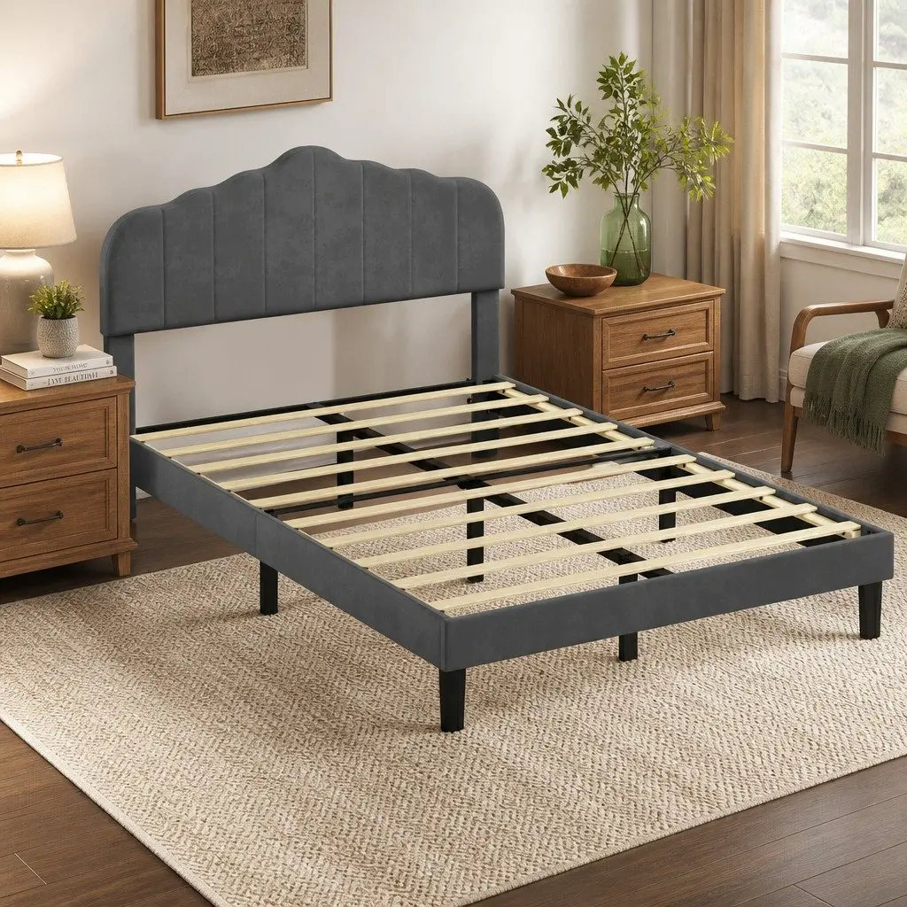 Dark Grey Upholstered Queen Size Bed Frame with Storage